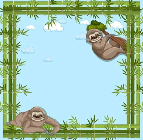 Empty banner with bamboo frame and sloth cartoon character Stock Illustration