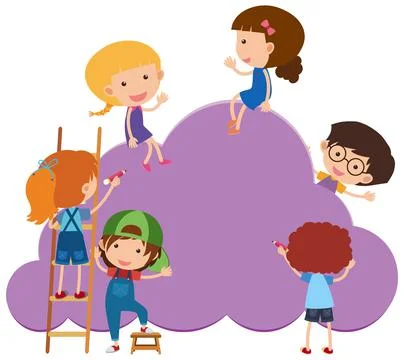 Empty banner cloud shape with many kids cartoon character 스톡 일러스트