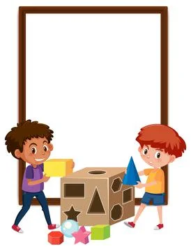Empty banner with two kids playing with shape elements Stock Illustration