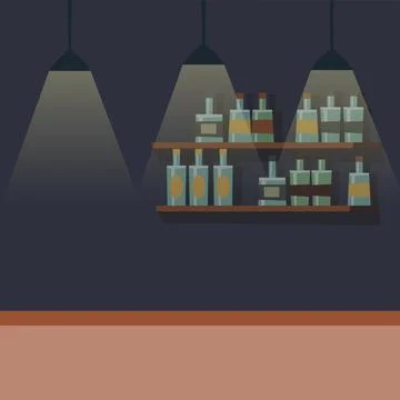 Empty bar counter, pub place with furniture and bottle alcohol Illustrazione stock