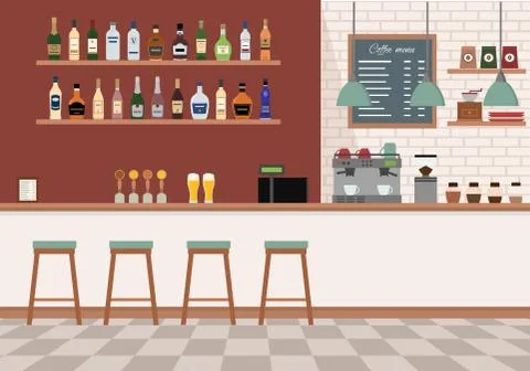 Empty bar interior. Pub with counter, chairs and equipment. Stock Illustration