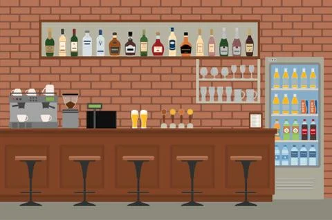 Empty bar interior. Pub with wooden counter, chairs and equipment. Stock Illustration