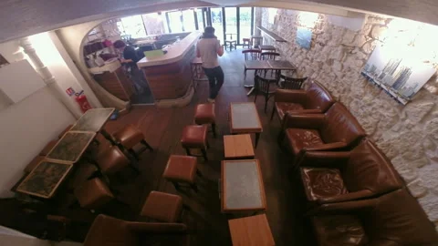 Empty Bar Lounge Interior High Angle Wide Shot with Tables 库存影片 347216522
