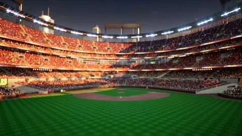 Empty baseball and cricket arena with fans in the evening lights Video stock 164043726