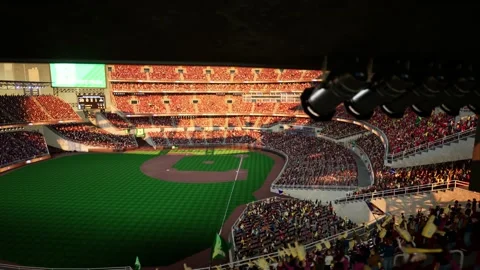 Empty baseball and cricket arena with fans in the evening lights Video stock 164044367