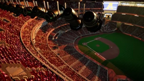 Empty baseball and cricket arena with fans in the evening lights Video stock 164090974