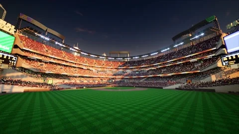 Empty baseball and cricket arena with fans in the evening lights Video stock 164091453
