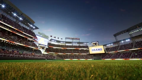 Empty baseball and cricket arena with fans in the evening lights Video stock 164091482