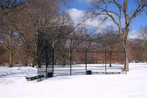 The empty baseball field in the cold winter in Central Park Stock Photos