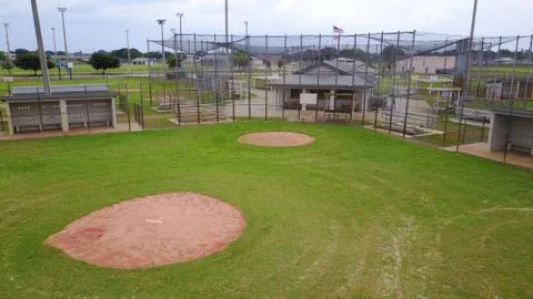 Empty Baseball Field from Coronavirus Precaution aerial pitchers mound Stock Photos