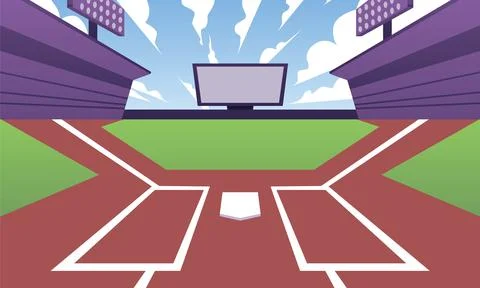 Empty baseball field with scoreboard and tribunes, cartoon flat vector Stock Illustration