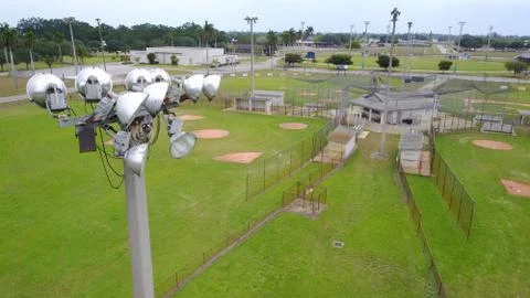 Empty Baseball Fields from Coronavirus Precaution aerial lightpole foreground Stock Photos
