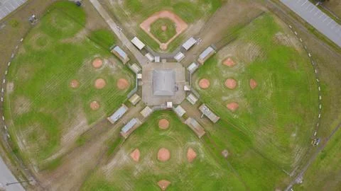 Empty Baseball Fields from Coronavirus Precaution aerial vertical down infields Stock Photos