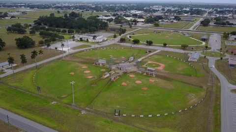 Empty Baseball Fields Due to Coronavirus aerial high wide retreat Stock Footage 128672586