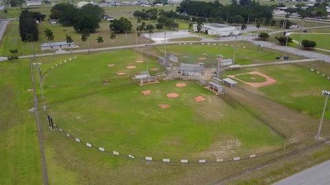 Empty Baseball Fields Due to Coronavirus aerial Four Fields Stock Footage 128672792