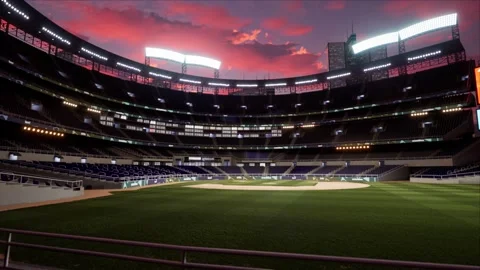Empty baseball or cricket arena. evening 4k scene. Animated 3d photoreal video Stock Footage 163547362