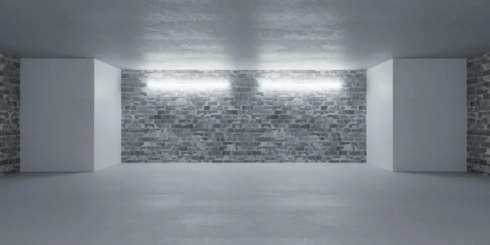 Empty basement room with brick wall and lights 3d render illustration Stock Illustration
