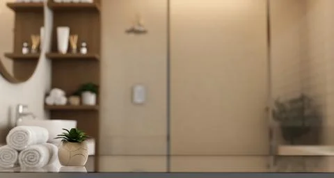 Empty bathroom shelf tabletop with towels and plant for product display bac.. Stock Illustration