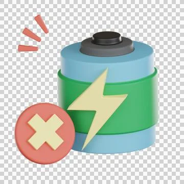 Empty battery icon in 3d style with cross symbol and energy sign showing lo.. Stock Illustration