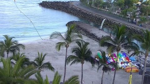 Empty beach from above with palms and dock Stockbeeldmateriaal 80230661
