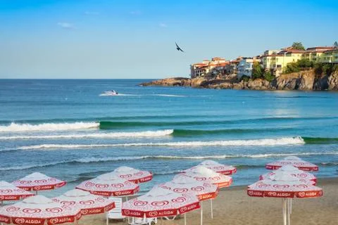 Empty beach and hotels. Stock Photos