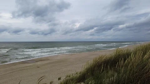 Empty beach and wavy sea on a gloomy day Stock Footage 250316241