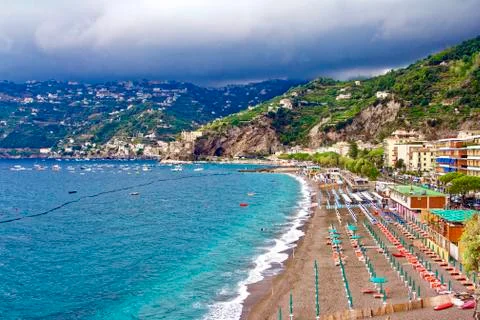 Empty beach before an approaching storm Stock Photos