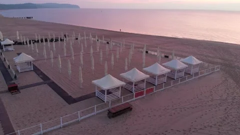 Empty Beach Bar at Sunrise - Drone Video stock 132264944