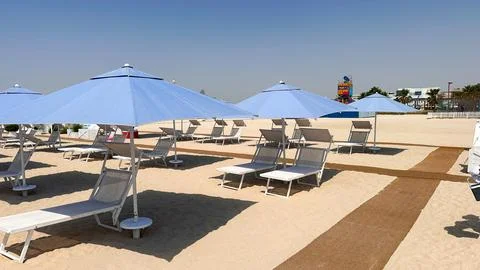 Empty beach chairs and umbrellas lined up on sandy shore under clear blue sky Stock Photos