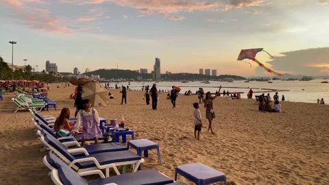 Empty beach chairs in Pattaya beach amid COVID-19 pandemic, Thailand 4K Stock Footage 185356111