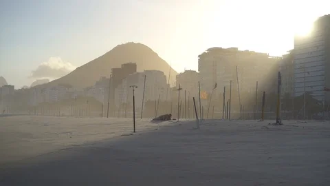 Empty Beach of Copacabana in Rio de Janeiro, Brazil During COVID-19 Coronavirus Stock Footage 128331428