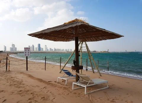 Empty beach in Doha, Qatar closed to combat the spread of the COVID-19 Stock Photos
