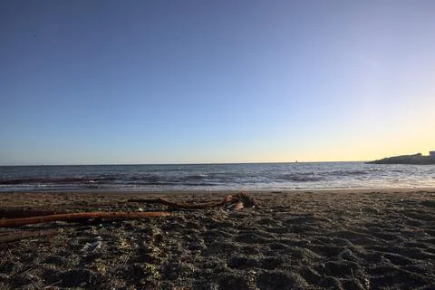 Empty beach with driftwood on it at sunset Stock Photos