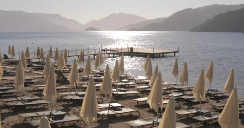 Empty beach during lockdown due to COVID-19 Coronavirus pandemic in Marmaris Stock Footage 154335557
