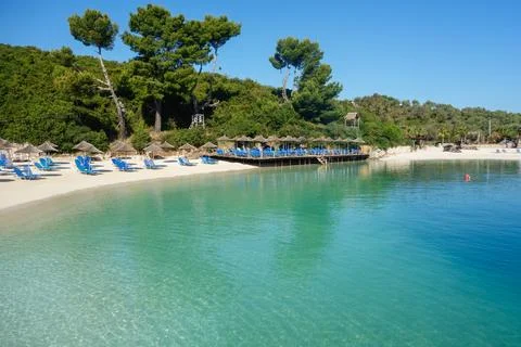 Empty beach during spring season on Albanian riviera. Ksamil city 스톡 사진