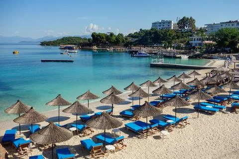 Empty beach during spring season on Albanian riviera. Ksamil city Foto stock