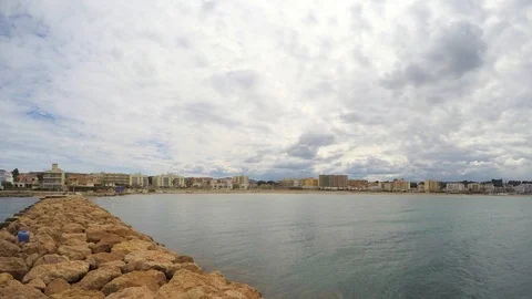 Empty Beach Epic Clouds Wavebreaker Stock-Footage 92787786