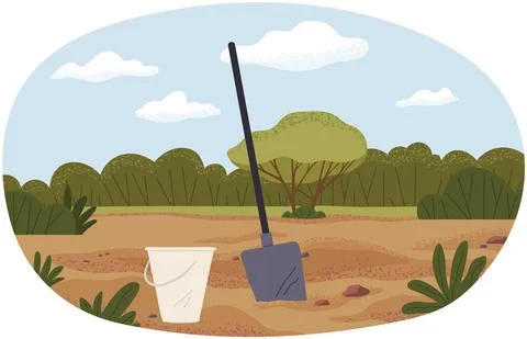 Empty beach with excavation or garbage cleaning items. Bucket and shovel Illustrazione stock