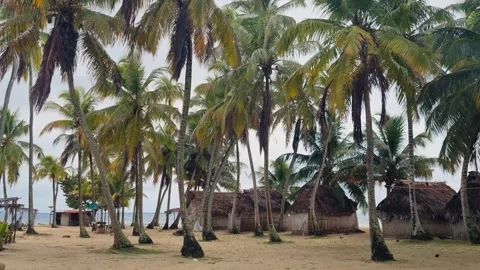 Empty beach huts on Iguana Island in Panama’s San Blas Archipelago, framed by Stock Footage 337521954