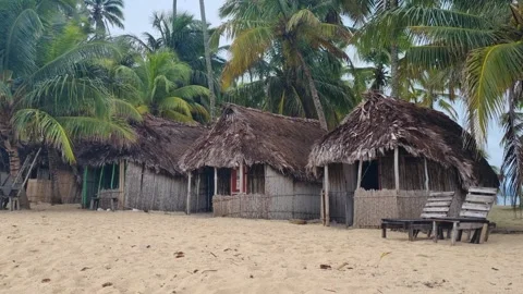 Empty beach huts on Iguana Island in the San Blas Archipelago, Panama, set Stock Footage 337969501