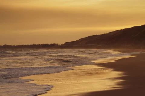 Empty beach of ocean beach at gold sunset. Stock Photos