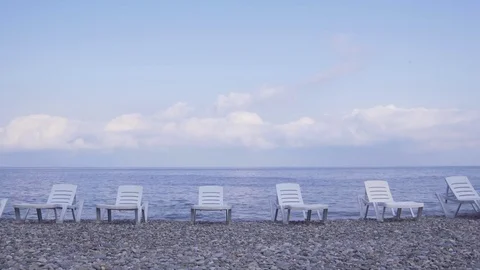 Empty beach, only sun loungers Stock Footage 80397313