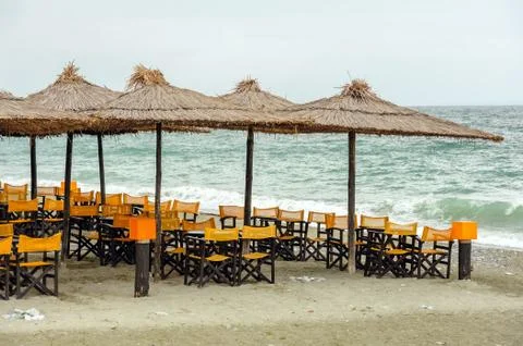 Empty beach outdoor cafe in Leptokaria, Macedonia, Greece 스톡 사진