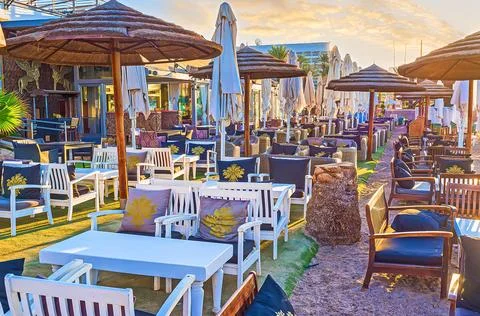 The empty beach restaurant in Eilat, Israel Stock Photos