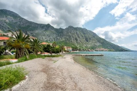 Empty beach, Risan Montenegro Kotor bay Stock Photos