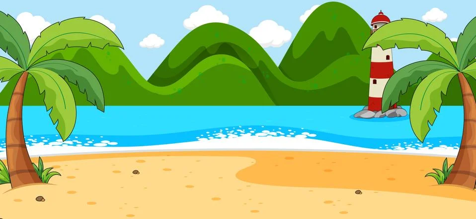Empty beach scene with coconut trees and mountain in simple style Illustrazione stock