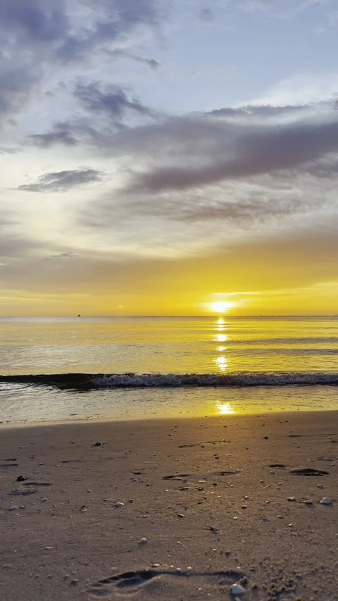 Empty Beach With Small Waves At Golden Hour Sunset, Florida Stock Footage 342759979