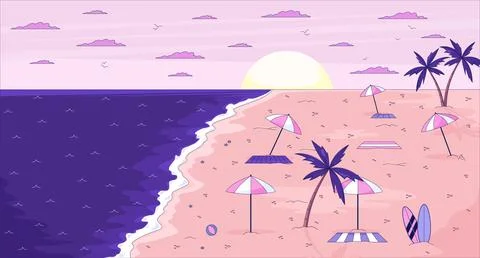 Empty beach sunset with umbrellas and palm trees flat illustration background Stock Illustration