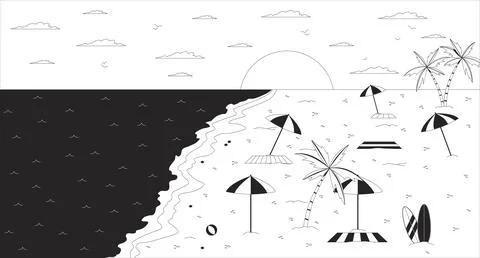 Empty beach sunset with umbrellas and palm trees line illustration backdrop Stock Illustration