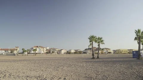 Empty Beach with Volleyball Courts and Resort Houses in France Stock Footage 342438491
